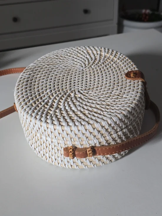 Woven Round Crossbody Bag in White and Tan - Picture 6 of 6